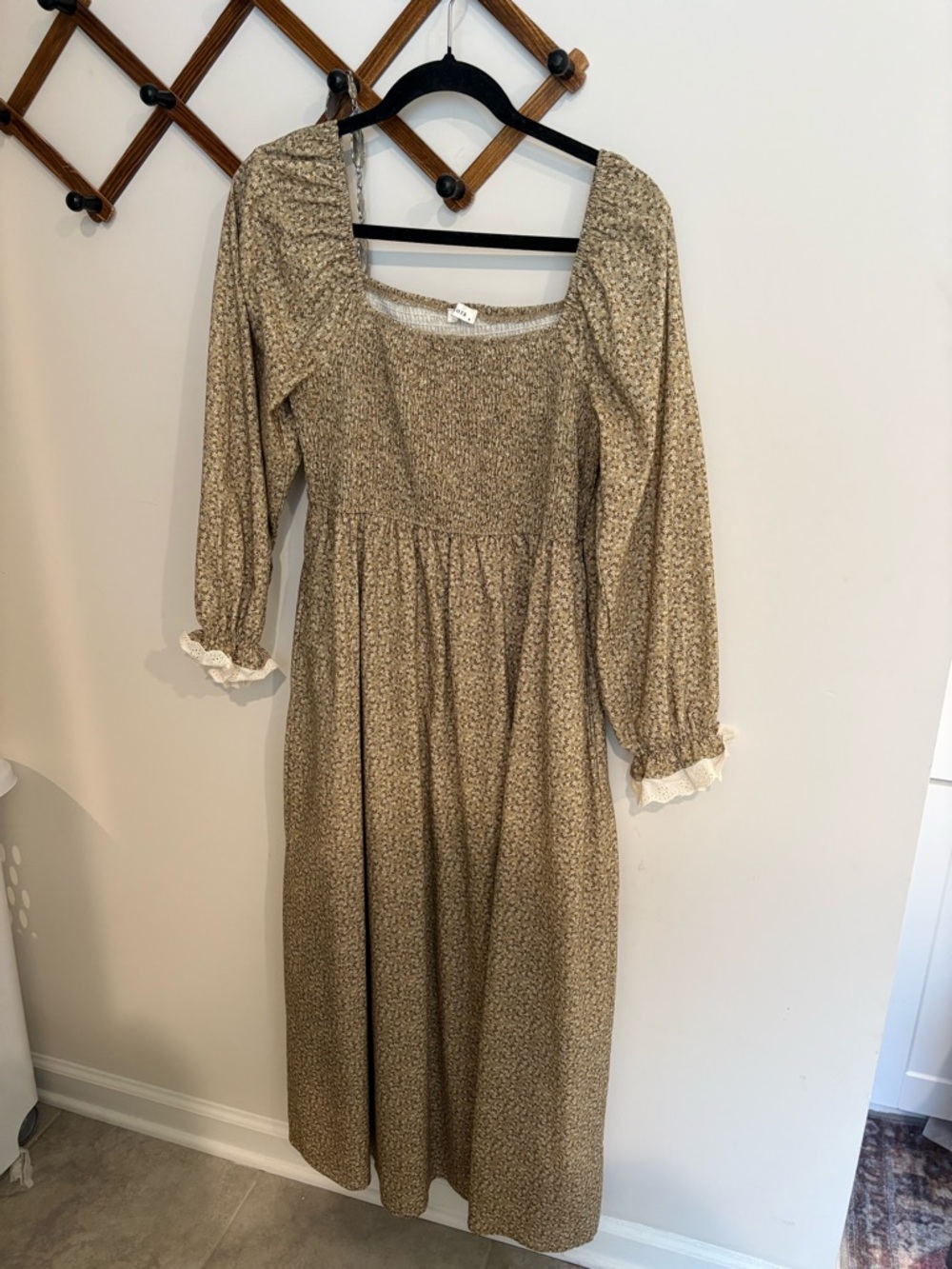 Smocked Square Neck Maxi Dress in Beige Floral